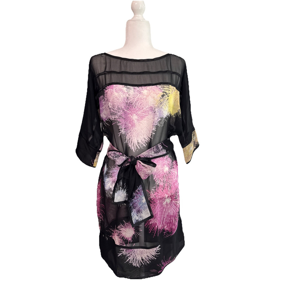 Diane Von Furstenberg Dress Womens 2 Black Silk Sheer Belted Boat Neck Dolman